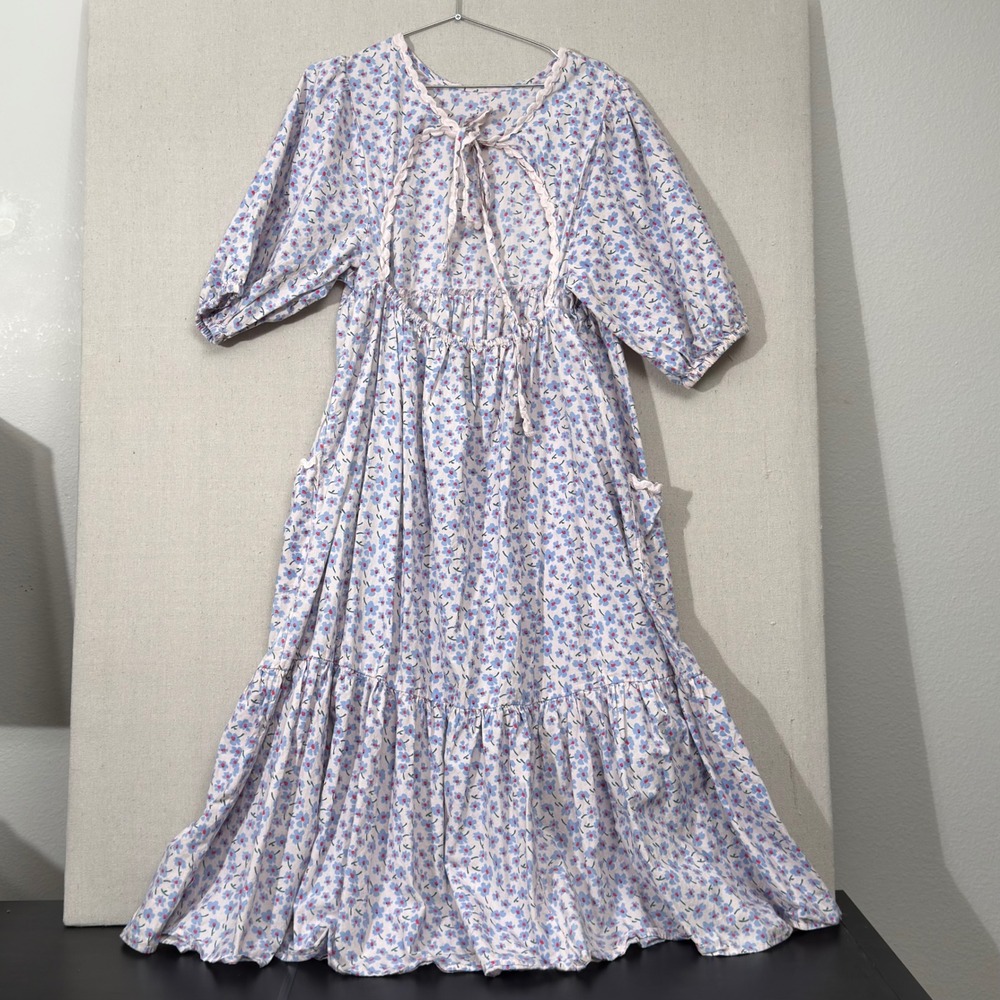 Damson Madder Greta Ditsy Floral Midi Dress UK 14 Pink Blue Puff Sleeve Pockets - Picture 2 of 13